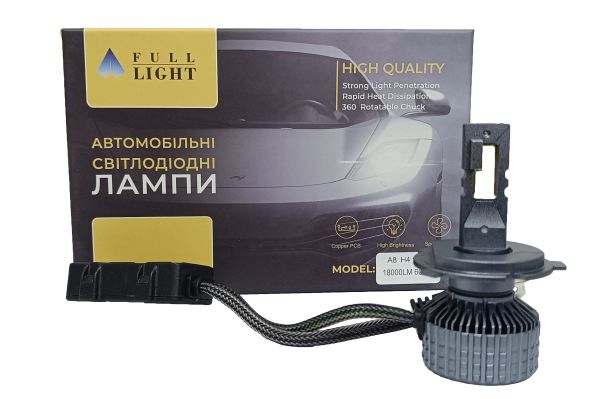 Комплект світлодіодних Led ламп Full Light A8 H4  ближнє/дальнє  Canbus 100Wat /6000K/ 18000 lumen