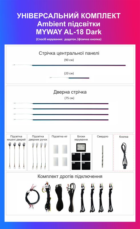 Універсальний комплект атмосферної Ambient підсвітки салона MYWAY AL-18 Darck  (18 елементів)